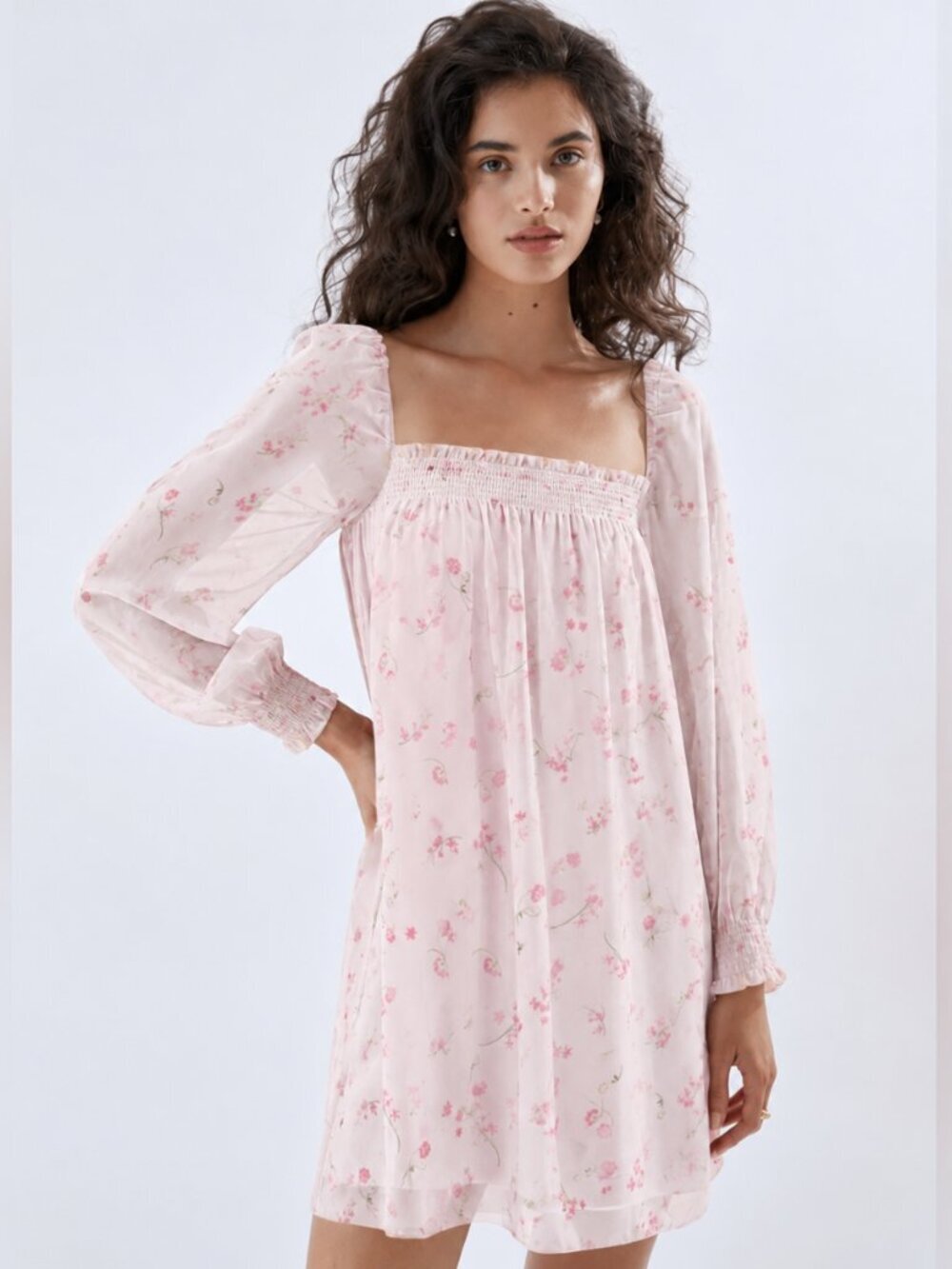 Aritzia Wilfred Alana Smocked Chiffon Babydoll Mini Dress Spring Medley Pink S - Picture 2 of 8